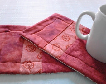 Quilted Mug Mat Mug Rug in Red Fabrics Set Of Two