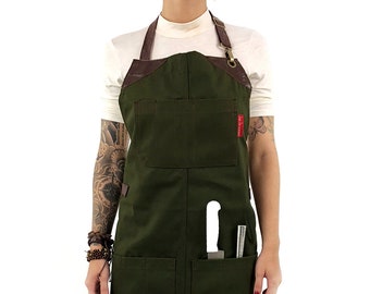 Knife Roll Apron - Forest Green Canvas - Brown Leather