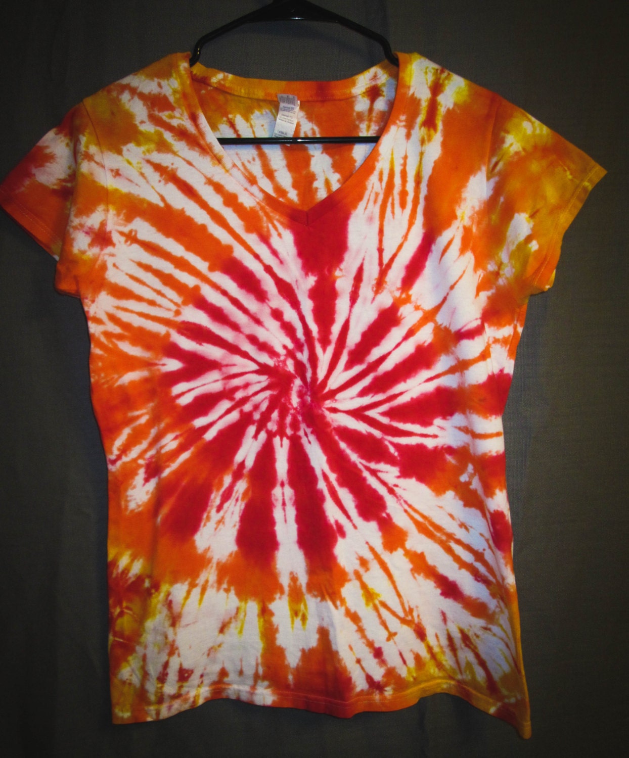 Tie Dye Shirt/Orange & Red Spiral/ Womens VNeck TShirt/