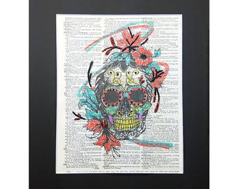 Super Colorful Skull on Vintage Dictionary Page Art Print, Wall Decor, Digital Manipulation with Sparks of Glitter,