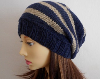 KNITTING PATTERN /CAMPUS/ Teenagers Striped Slouchy Hat Pattern /Girls Slouch Beanie Pattern/ Slouch Toque Hat Pattern //Knit Round Easy