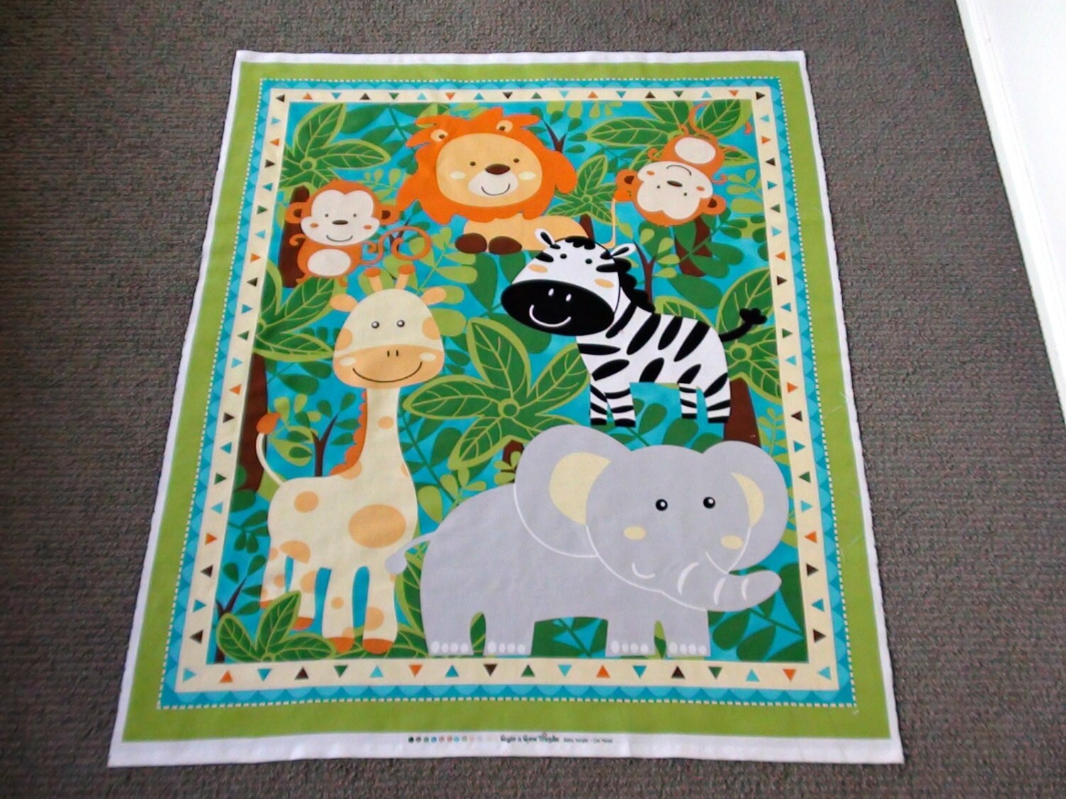 Jungle animal fabric panel. Nursery cot panel. Baby quilt