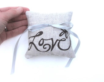 Ring Bearer Pillow, Wedding decor, Love flower ring pillow, 4 x 4 inches - Choose your fabric and ink color