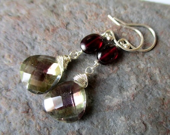 Mystic Rock Crystal Quartz, Garnet Sterling Silver Earrings