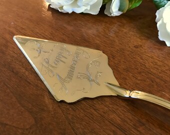 Vintage Gold Plated Cake Server, Happy Anniversary, Pie Server, Pastry Server, Wedding Gift, Anniversary Gift, ornate engraving, flowers