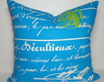 INVENTORY REDUCTION Cobalt Blue and Lime French Script Pillow Penmanship Decorative Throw Pillow Cover Size 18x18