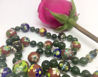 Necklace Green Jade and Cloisonné. Beaded Cloisonné necklace. China jewelry . Gift for her