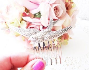 Silver Flying Sparrow Hair Comb - Swallow Hair Comb - Flying Bird Hair Comb - Woodland Hair - Wedding Hair Comb - Silver Bird Comb