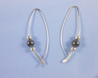 Sterling Silver Hoops, medium, Hematite Stone, open hoop earrings, fish earrings