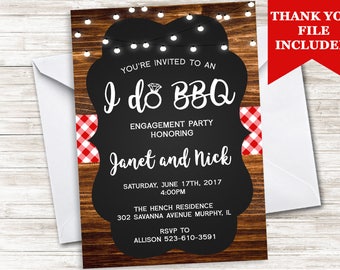 I Do BBQ Invite Invitation Engagement Party Backyard Picnic Country Chalkboard Wood 5x7 Digital Personalized