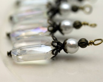 Clear Rectangle Faceted Crystal and White Pearl Bead Dangle Charm Pendant Drop Set