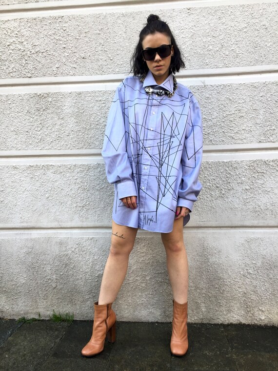 Boyfriend Painted LOLA DARLING Artwork Shirt Unique Light blue men's shirt painted with black lines by the artist A. Lugli Artwork Clothing