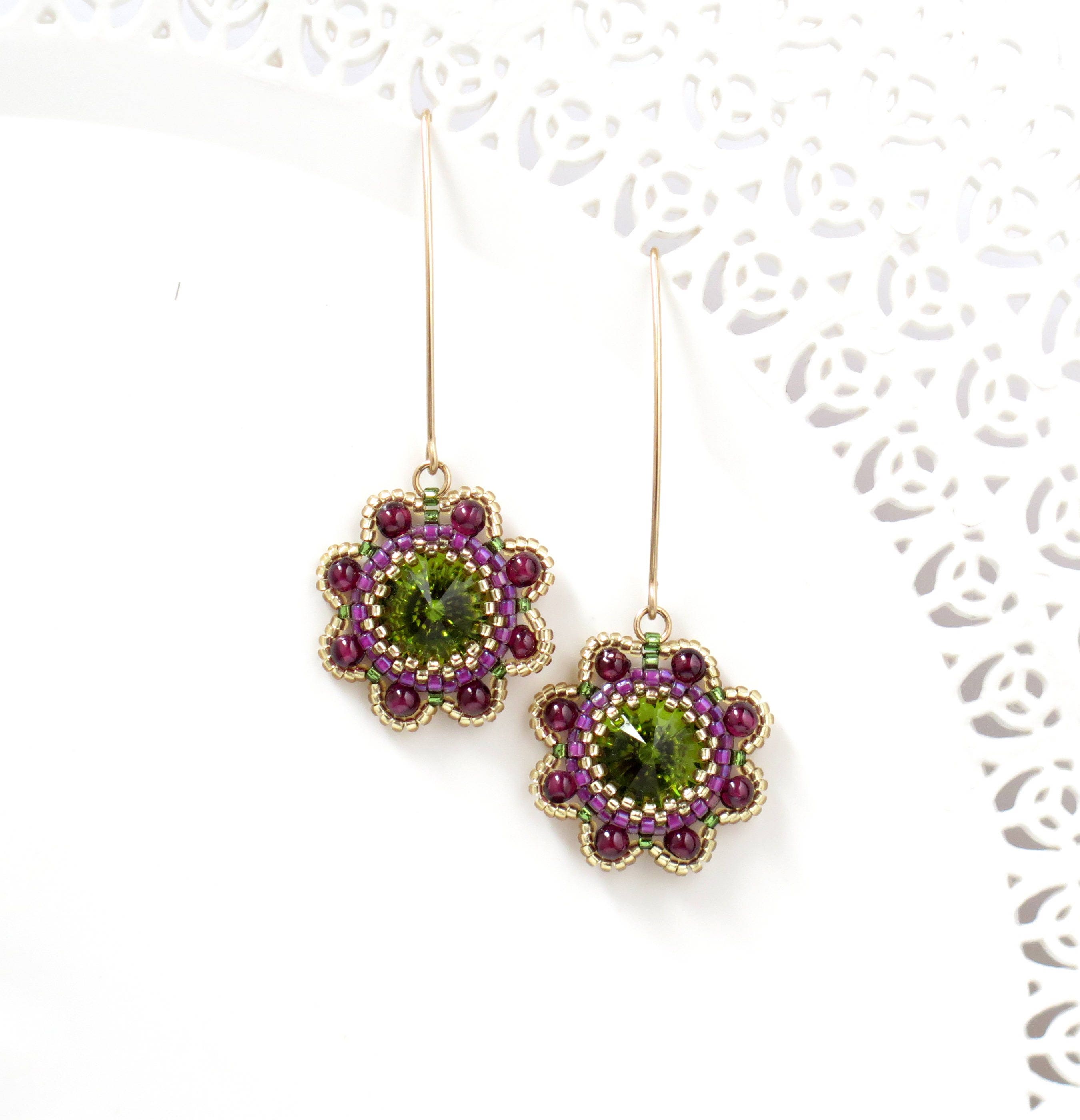 Flower dangle earrings Green dangle earring Swarovski