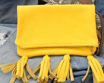 MarieLime Leather Foldover Clutch w/ Tassels