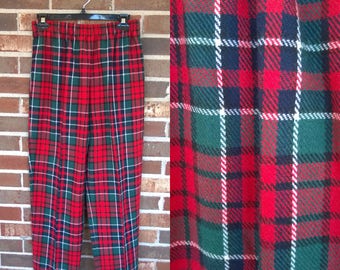 Funky 1980s Tapered Elastic Red Green Plaid Tartan Pants, 10P