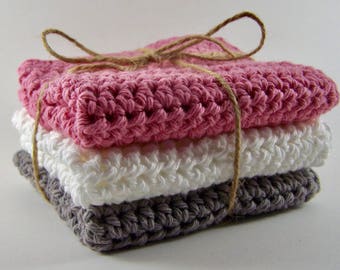 Natural Cotton Washcloth / Crochet Dishcloth / Farmhouse Washcloth / Handmade Dishcloth / Exfoliating Washcloth / Pink White and Gray Cloth
