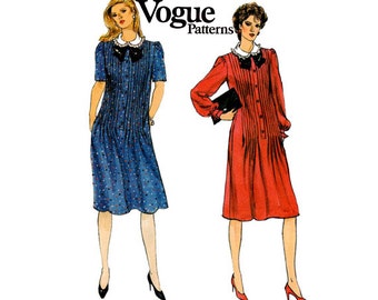 Vogue 8600 Womens Pin Tucked Dress with Ruffled Collar Tab Front 80s Vintage Sewing Pattern Size 12 Bust 34 inches UNCUT Factory Folded
