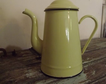 French Vintage Enamel Yellow Coffee Pot. Cafetière, retro, kitchenware