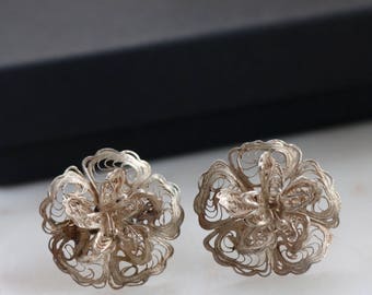 Vintage Filigree Sterling Silver Screw Back Earrings - Statement Flower Earrings