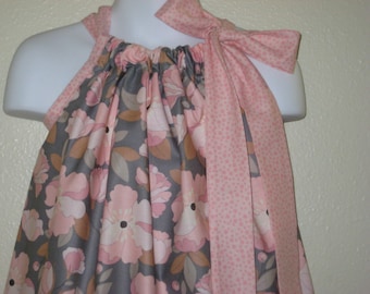 Love in Blooms Pink and Grey Pillowcase dress in sizes 6M to 7Y