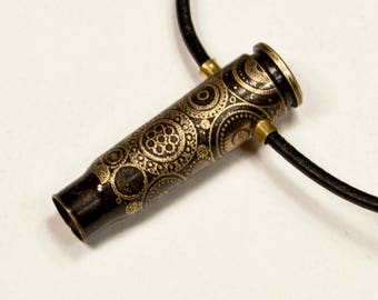 Etched bullet casing pendant - necklace - "Circular ogic"