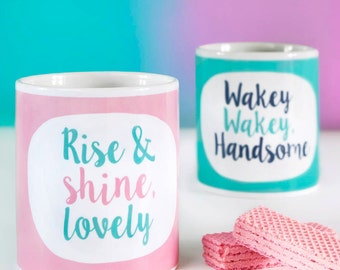 Couple mugs - Wakey Wakey, Rise And Shine Mug Pair - funny mugs - ceramic mugs - coffee mugs - paper plane - paper planes