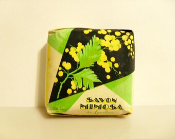 Antique 1920s Art Deco Wrapped Savon Mimosa de Lanchere Vintage French Perfumed Soap Cake Boudoir