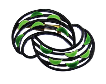 Vintage Black Enamel Brooch, Black and Green Enamel Brooch, Black Swirl Brooch