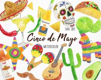 Watercolor Cinco de Mayo Clipart, Fiesta, Mexican Folk Art, Frida Kahlo, Pinata, Cactus Print, Alpaca, Mexico, Clipart, tequila, mexicano