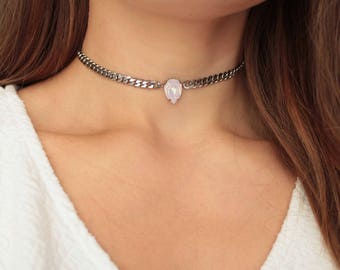Pear Crystal Choker - Swarovski Crystal Curb Chain Stainless Steel Necklace