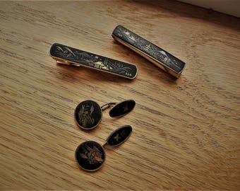 Vintage Japanese Damascene Cufflinks, Money Clip, Tie Bar