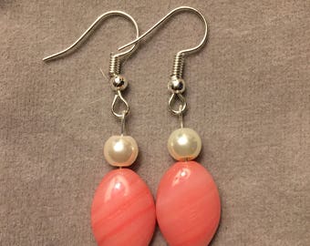 Light red czech glass bead and pearl dangle earrings