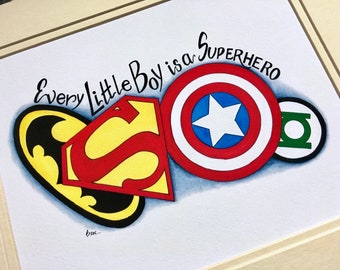 READY TO SHIP. Superhero watercolor print. Superhero nursery decor.