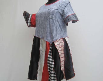 Red black white dress, plus size dress, upcycled dress, 20 18 16 refashioned dress, deconstructed dress, boho festival dress, asymmetrical
