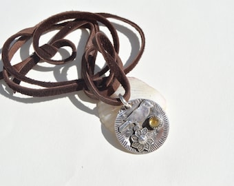 Citrine Sterling Silver Necklace . Flowers .Bird. Hand Forged . Sterling Necklace.Rustic. Necklace.
