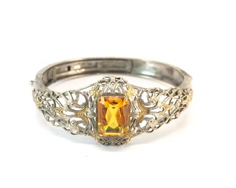 Vintage Victorian Silver Filigree Bracelet Antique Citrine Glass Stone Hinged Bangle Art Deco Rhodium Bracelet Antique Estate Jewelry