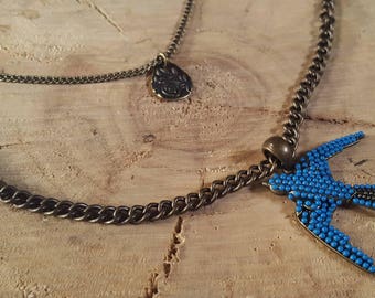 Bright Blue Bird and Rose Multi-chain Necklace