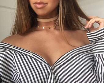 Gold or Silver Dangle Circle Chain Choker Necklace, Gift for her, Dainty Coin Choker Necklace, Gift for her, Layered Choker Necklace