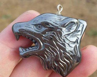 Carved Hematite Wolf Head Pendant