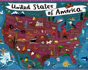 map of usa north america digital poster print map illustration for kids