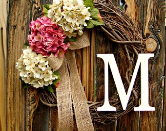 Pink and Cream Hydrangea Wreath with Monogram - Choose your Color - Monogrammed Wreath - Wreaths - Door Wreath - Spring Wreath
