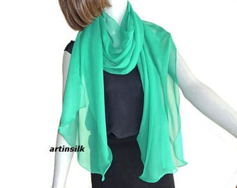 Emerald Green Long Sheer Scarf Silk Chiffon Narrow Wrap Shawl, Pure Mulberry Silk, Evening Formal 17 x75", Artisan Handmade, Artinsilk.