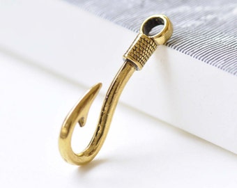10 pcs Antique Gold Coiled Fish Hook Charms Large Hole Fishing Hook Pendants A8521