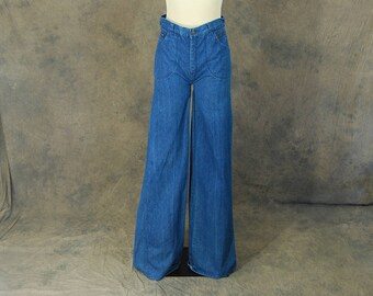 vintage 70s Bellbottom Jeans - 1970s Tall Long Jeans High Waist Wide Leg Bell Bottom Flare Jeans Dark Denim Super Bells Sz 28