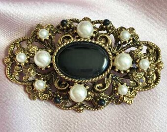 Victorian Style, Ornate, Black Bead & Pearl, Antique Gold Tone Brooch