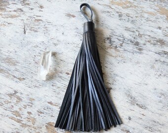 Luxury black leather tassel - 1 pc. large soft sheepskin leather tassel for bag charms, luggage tassel, 6.5" leather tassel, black tassel