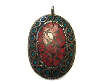 Nepal Coral Turquoise Inlay Pendant