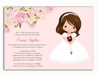 Invitacion Primera Comunión, Printable Floral First Communion Invitation, Girl Baptism Invitation, 1st Communion, English, Spanish, Español