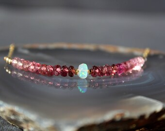 Tourmaline Necklace with Opal, Opal Necklace, October Birthstone, Gemstone Bar Necklace, Tourmaline Choker, Dainty Necklace, Ruby Necklace
