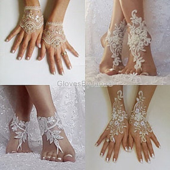 Custom order champagne gold beaded lace barefoot sandals